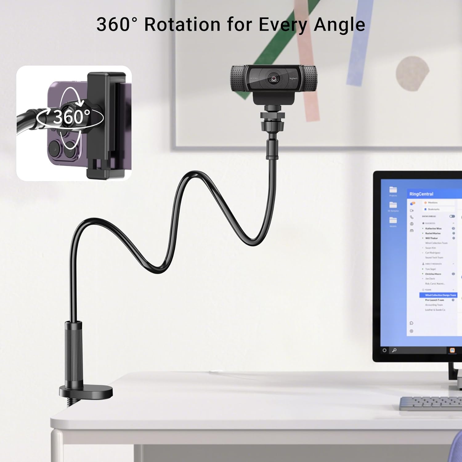 Flexible Webcam Stand Mount for Desk, Gooseneck Webcam Tripod with Clamp, Desktop Phone Holder & Table Top Tri - view 7