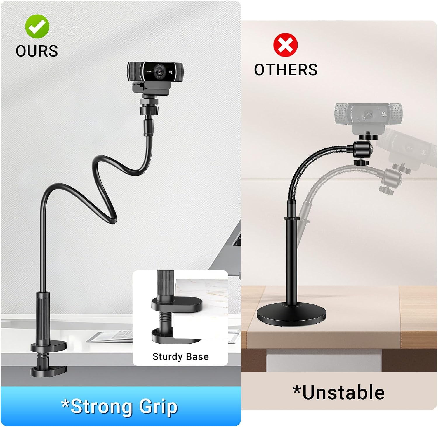 Flexible Webcam Stand Mount for Desk, Gooseneck Webcam Tripod with Clamp, Desktop Phone Holder & Table Top Tri - view 3