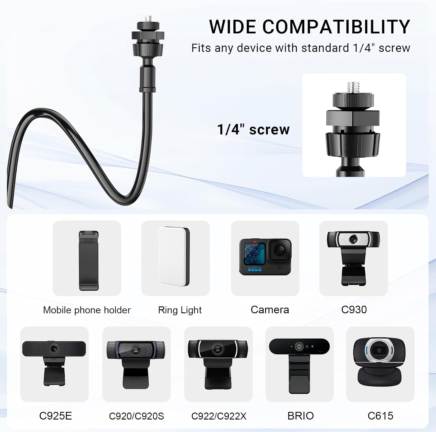 Flexible Webcam Stand Mount for Desk, Gooseneck Webcam Tripod with Clamp, Desktop Phone Holder & Table Top Tri - view 4