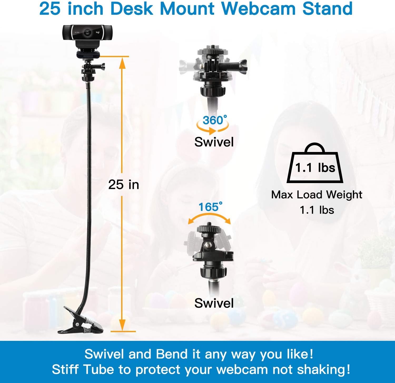 Pipishell 25 Inch Webcam Stand, Flexible Desk Mount Clamp Gooseneck Stand for Logitech Webcam C960 C930e C930  - view 3