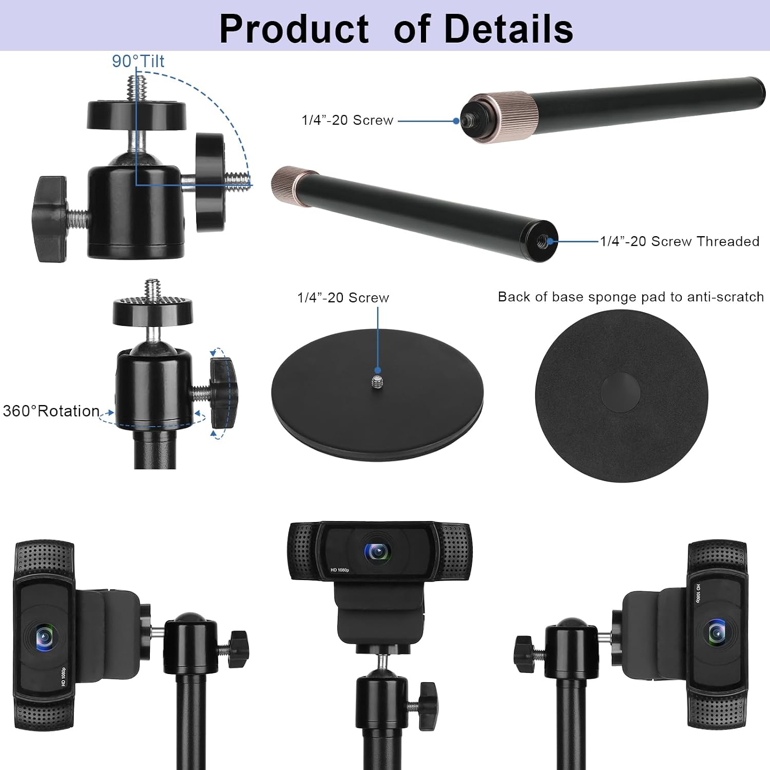 Webcam Camera Stand Phone Holder for Desk,1/4″-20 Threaded Compatible with Logitech Webcam C920 / C920S / C920 - view 6