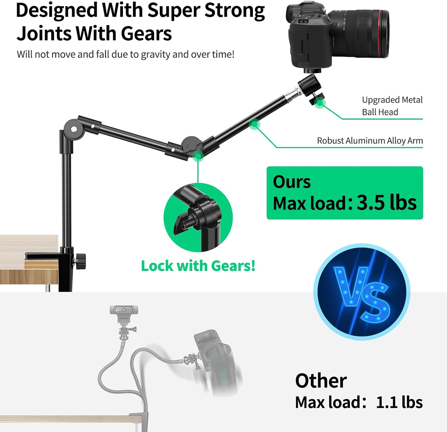 Webcam Stand Camera Desk Mount with Phone Holder & 5/8″ Screw – 22″ Flexible Projector Stand Gooseneck Desk Mi - view 5
