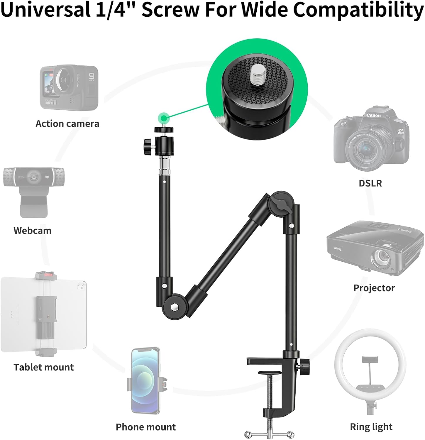 Webcam Stand Camera Desk Mount with Phone Holder & 5/8″ Screw – 22″ Flexible Projector Stand Gooseneck Desk Mi - view 4