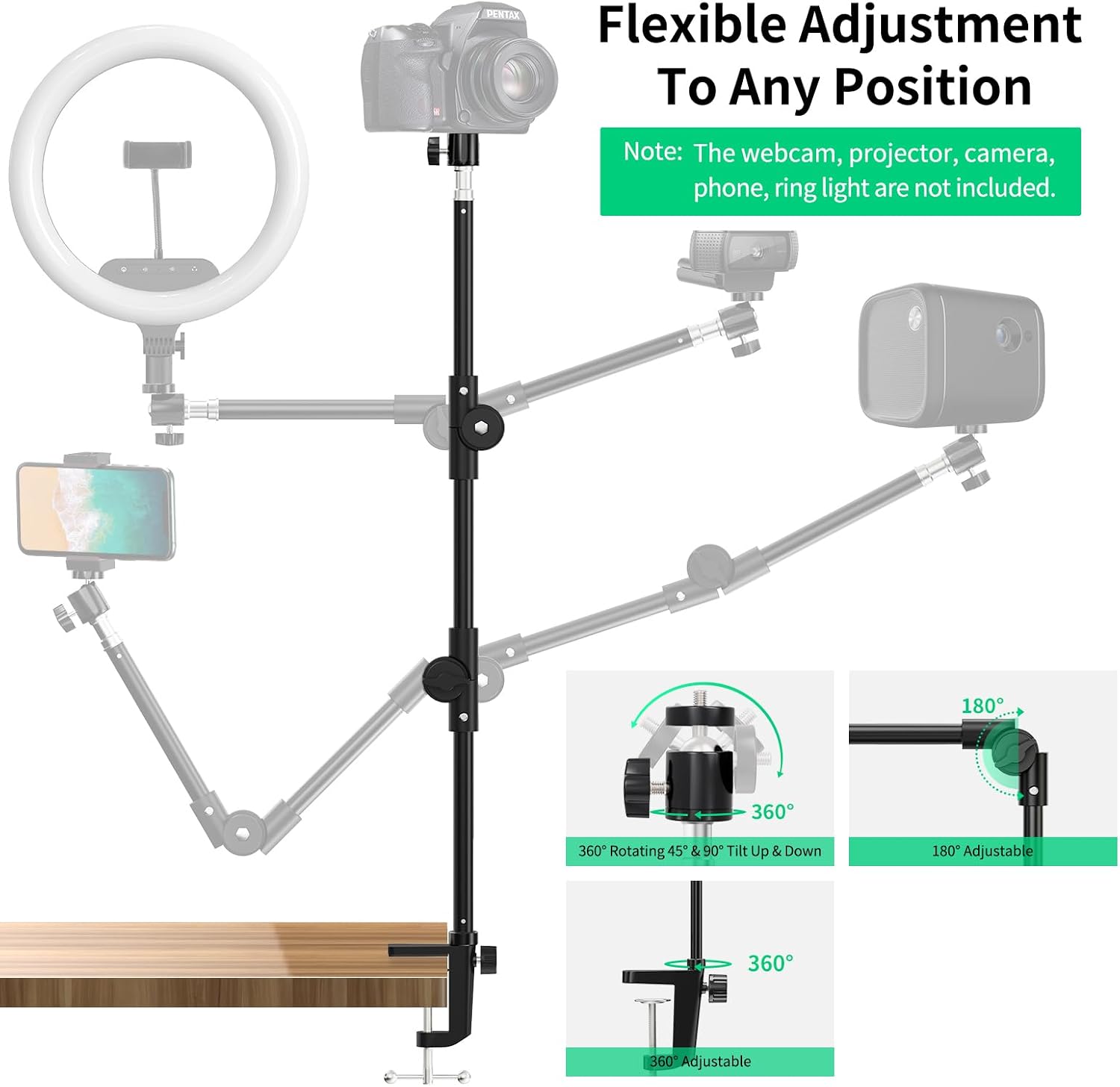 Webcam Stand Camera Desk Mount with Phone Holder & 5/8″ Screw – 22″ Flexible Projector Stand Gooseneck Desk Mi - view 3