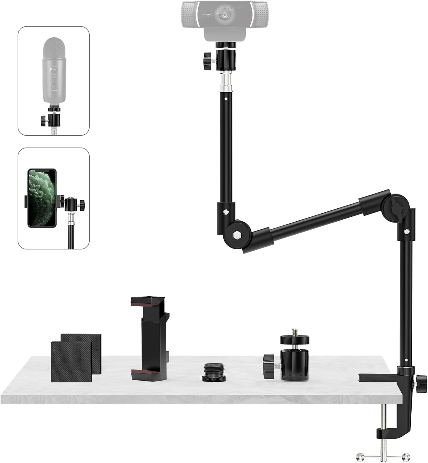 Webcam Stand Camera Desk Mount with Phone Holder & 5/8″ Screw – 22″ Flexible Projector Stand Gooseneck Desk Mi