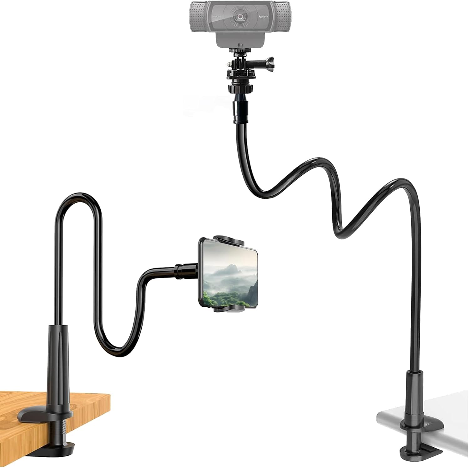Webcam Stand for Desk, Flexible Gooseneck Webcam Mount Holder Arm with Phone Holder, Web Cam Stand Computer Ca