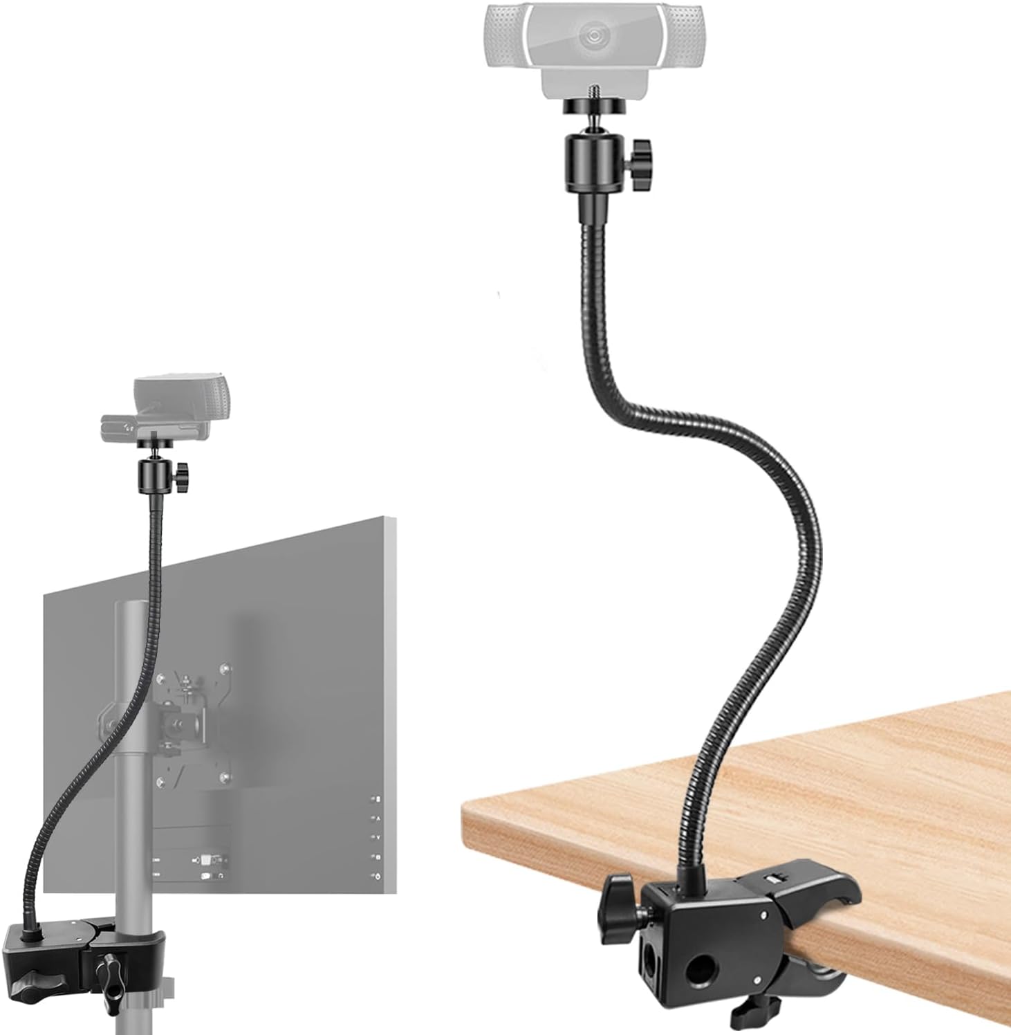 Webcam Stand, Webcam Mount Gooseneck Arm with Phone Holder Web Camera Stand Desk Mount Clip Clamp for Logitech
