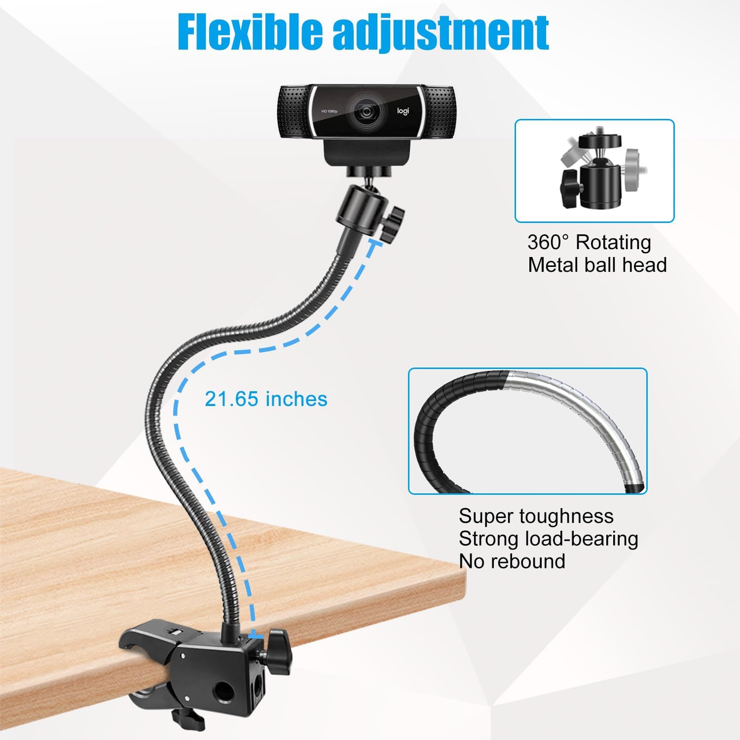 Webcam Stand, Webcam Mount Gooseneck Arm with Phone Holder Web Camera Stand Desk Mount Clip Clamp for Logitech - view 2