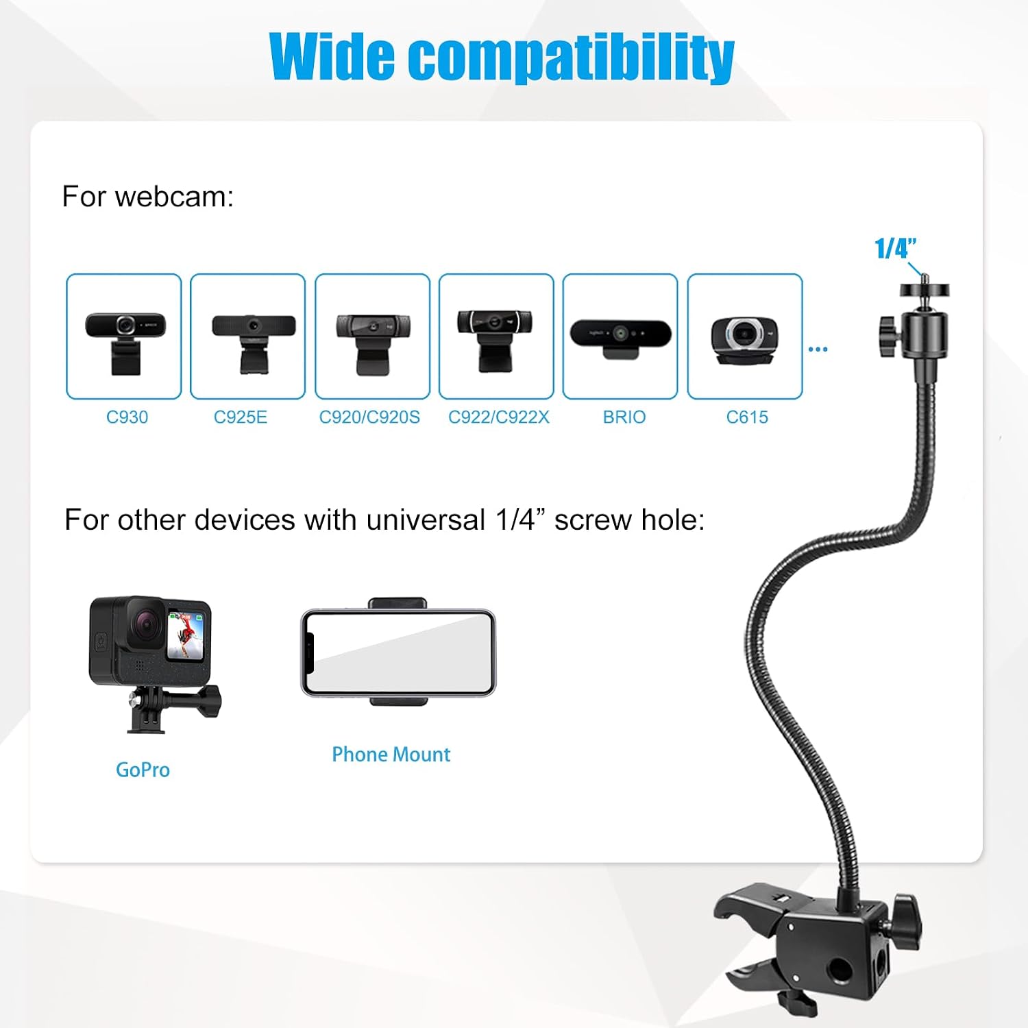 Webcam Stand, Webcam Mount Gooseneck Arm with Phone Holder Web Camera Stand Desk Mount Clip Clamp for Logitech - view 4