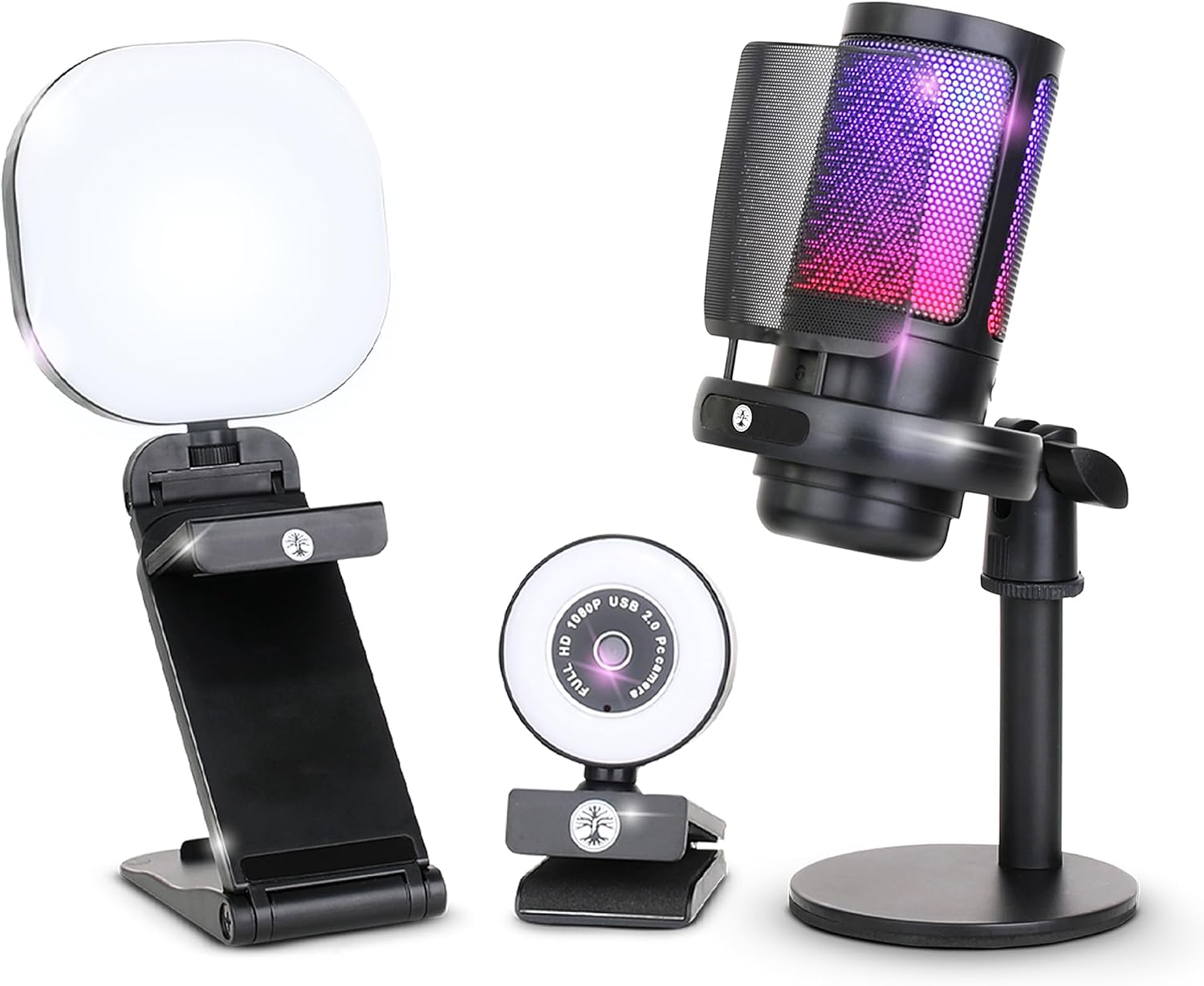 Webcam Streaming Kit for Gaming Setup–1080P HD Camera, RGB USB Microphone & LED Light, All-in-One Streaming Ac
