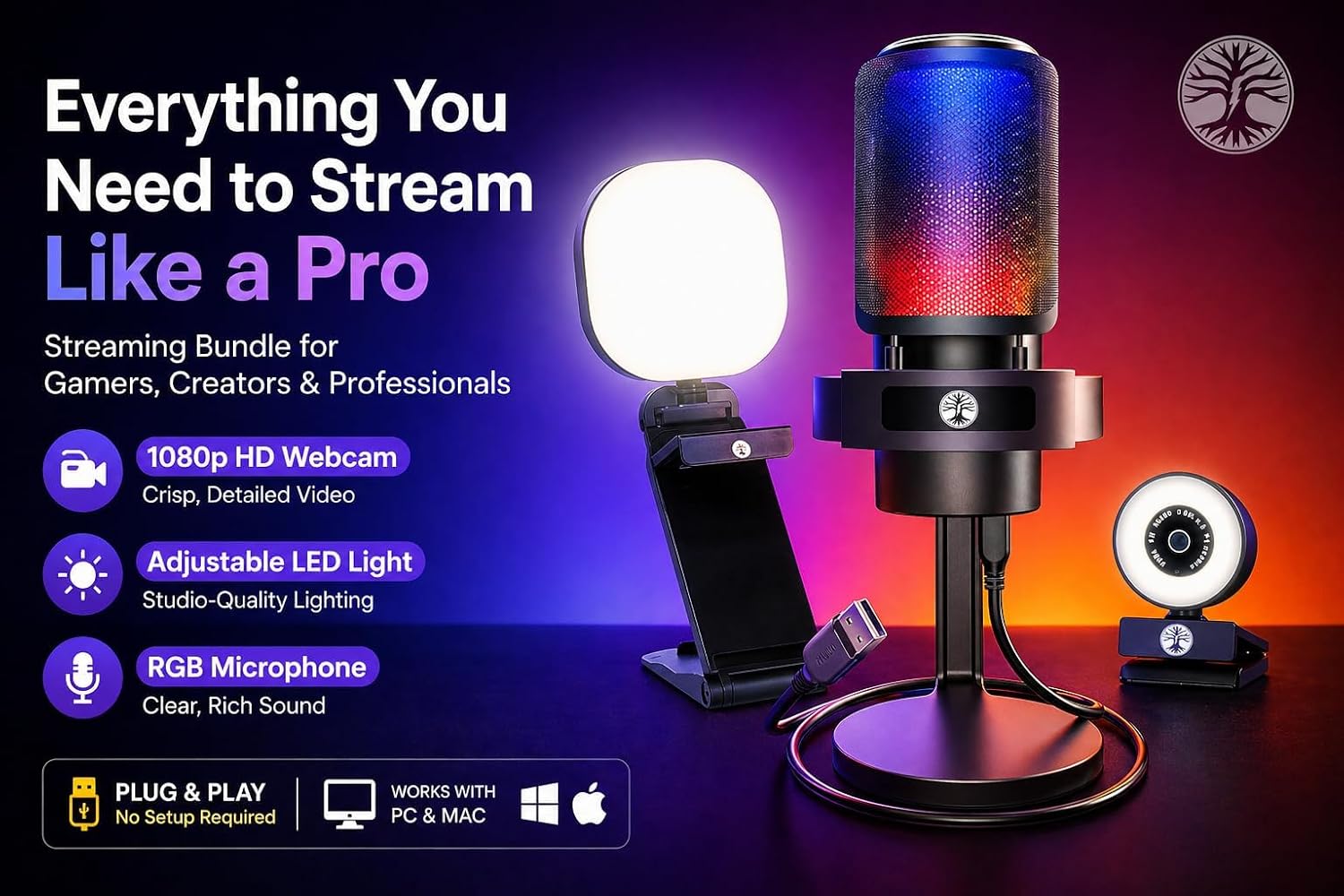 Webcam Streaming Kit for Gaming Setup–1080P HD Camera, RGB USB Microphone & LED Light, All-in-One Streaming Ac - view 2