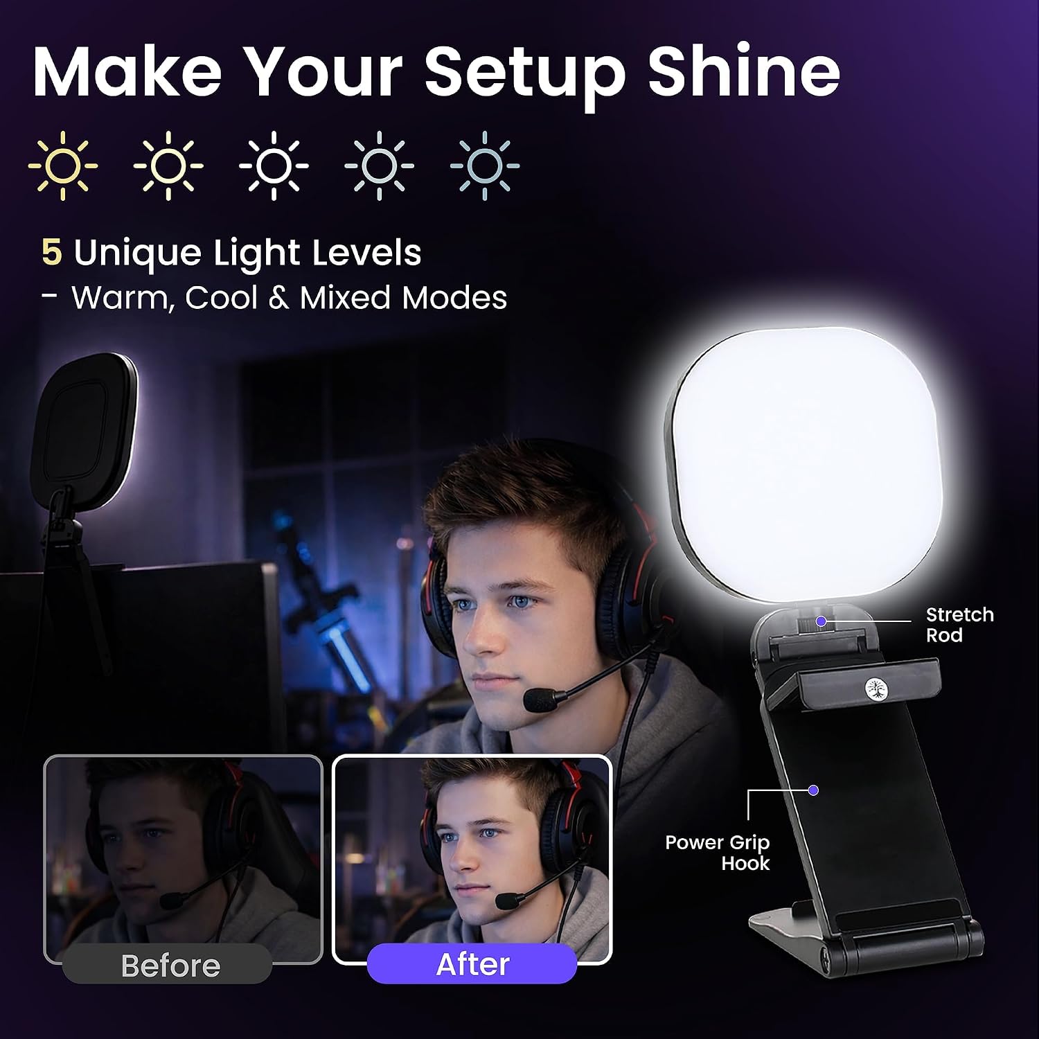 Webcam Streaming Kit for Gaming Setup–1080P HD Camera, RGB USB Microphone & LED Light, All-in-One Streaming Ac - view 7