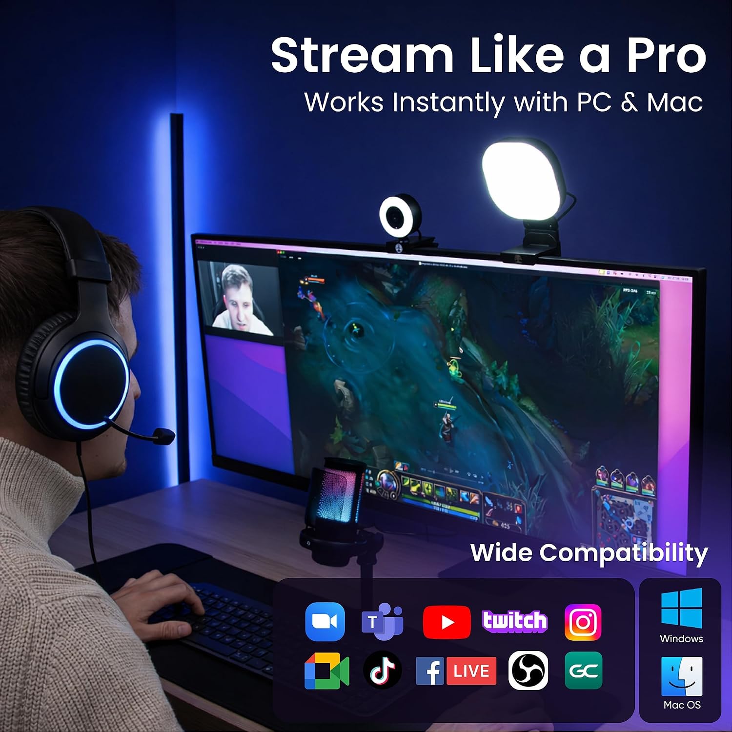 Webcam Streaming Kit for Gaming Setup–1080P HD Camera, RGB USB Microphone & LED Light, All-in-One Streaming Ac - view 3